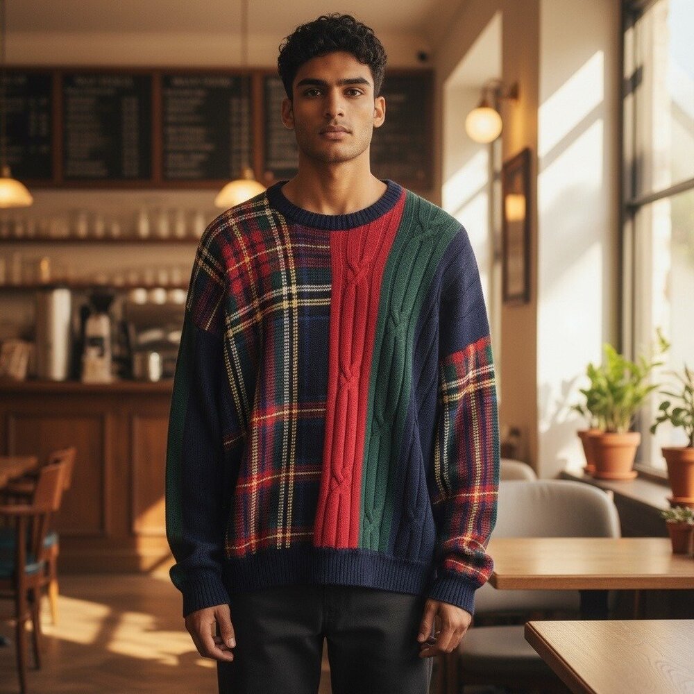 Nautica L/G Vintage 90s Patchwork Cableknit Sweater Multicolor Plaid Crewneck